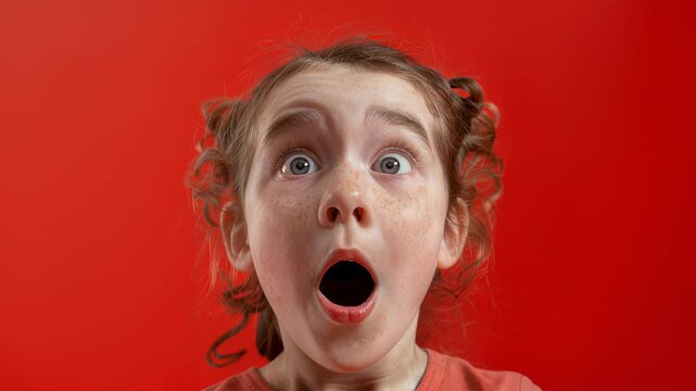 Awe‑struck girl with pigtails against bold red studio background, vivid reaction face that demands attention &mdash; perfect for banners, education campaigns, and family‑friendly content where instant surpr
