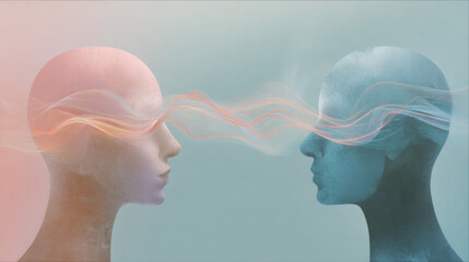 Two human heads facing each other with flowing lines of energy across the eyes pastel split background concept of empathy connection telepathy and shared understanding in modern art style