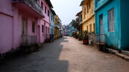 Fototapeta premium A picturesque narrow street in a town lined with brightly colored buildings featuring traditional architecture under clear daylight