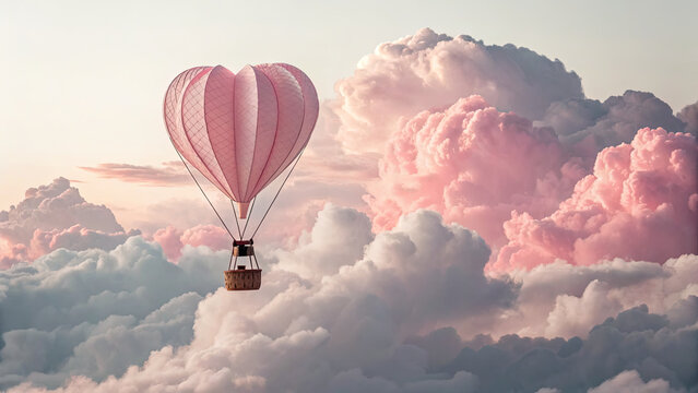Pink heart shaped hot air balloon floating among soft, fluffy clouds in dreamy pastel sky, evoking sense of romance and serenity