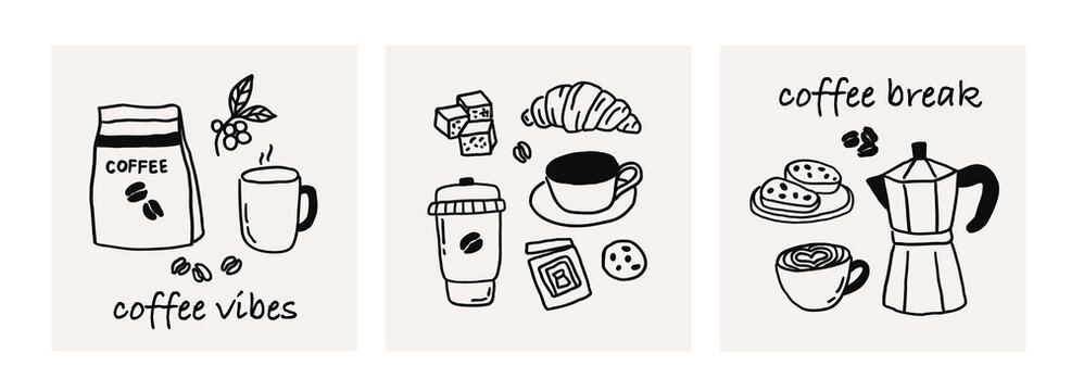 Set of whimsical card with coffee line art doodle sketch. Whimsy breakfast with coffee cup. Greeting card french brunch coquette vector outline illustration