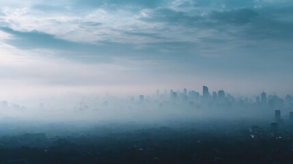 Naklejka premium Aerial view of a dense urban skyline veiled in heavy fog and smog under a muted cloudy sky