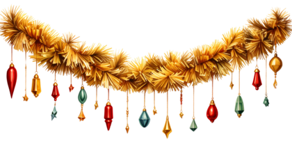 Festive Gold Garland with Ornaments, Isolated on Transparent Background PNG