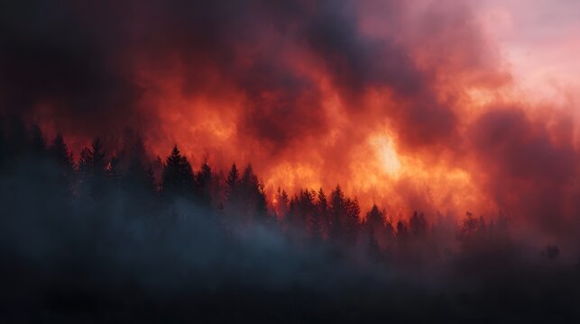 Dramatic forest fire with intense red and orange smoke billowing into the twilight sky above silhouetted trees