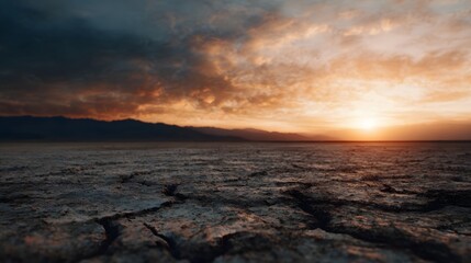 Obraz premium Dramatic sunset over a vast cracked dry earth landscape with distant mountain silhouettes under a vibrant cloudy sky