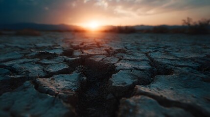 Obraz premium Cracked dry earth with a vivid sunset over a barren landscape symbolizing drought and environmental challenges