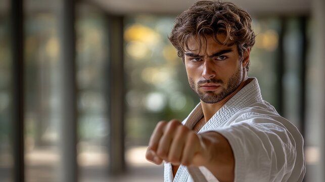 A martial artist demonstrates an intense stance, showcasing dedication and power in a modern training space