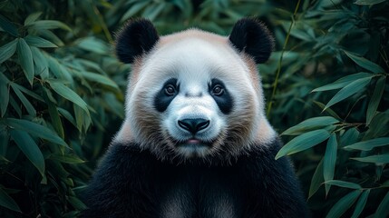 Obraz premium A calm panda sits among lush bamboo, exuding tranquility and innocence in a peaceful setting