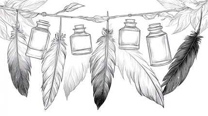 Hanging bottles and feathers drawing
