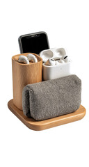 Still life of phone airpods and gray cloth on wooden charging station isolated on transparent background
