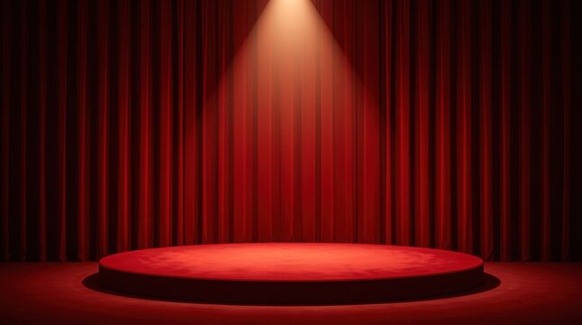 Dramatic circular stage platform lit by a red spotlight behind red curtains