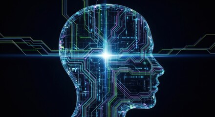 A futuristic, digital brain with a glowing, circuit-like pattern, set against a dark background.