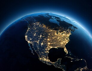 earth view from space showing north america illuminated at night highlighting cities and infrastructure