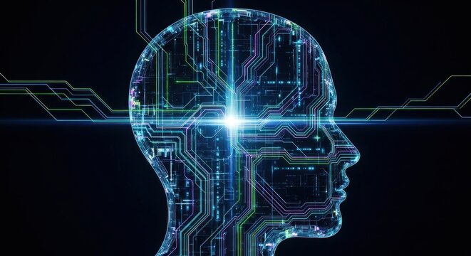 A futuristic, digital brain with a glowing, circuit-like pattern, set against a dark background.