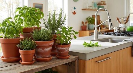 Kitchen counter herb garden fresh green plants in pots beside sink and faucet natural light.