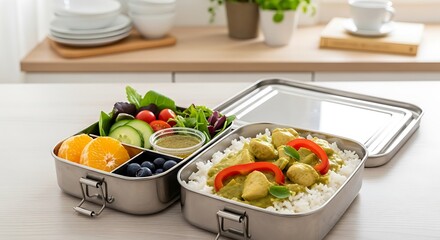 Fresh healthy lunch box with salad fruit and veggies ready for enjoyment.