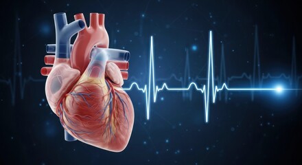 3D rendering of a human heart with a blue background and a heartbeat line.