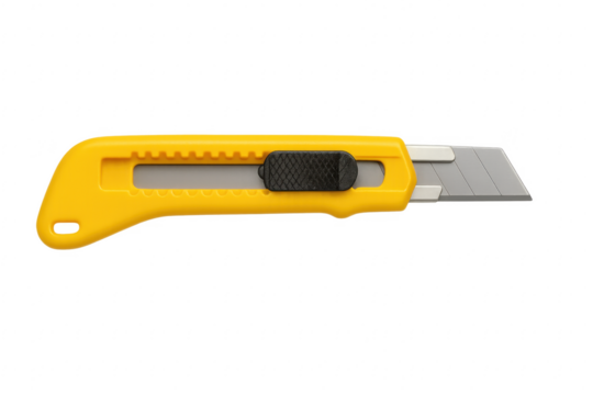 Yellow utility knife with retractable sharp blade on transparent background - Powered by Adobe