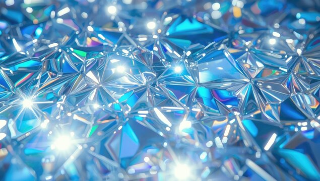 Sparkling abstract surface formed by faceted, reflective, and iridescent geometric crystal shapes.