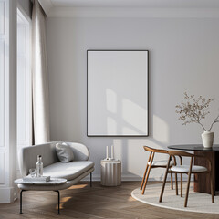 Modern Living Room Poster Frame Mockup with Natural Light and Minimalist Decoration. 3D render.