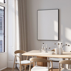 Modern Living Room Poster Frame Mockup with Natural Light and Minimalist Decoration. 3D render.