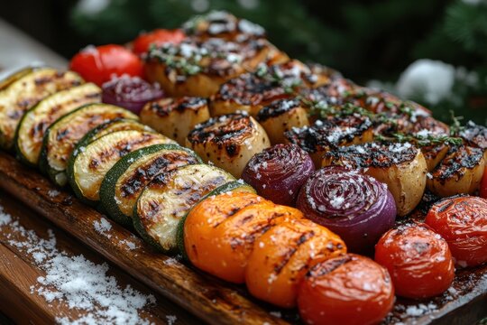 Grilled and fresh vegetables on a wooden tray. - Powered by Adobe