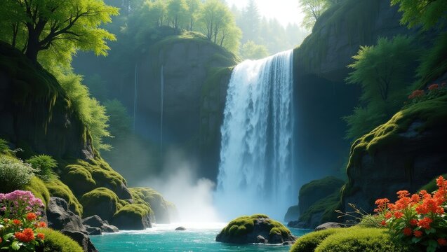 A stunning waterfall cascades down a rocky cliff face, surrounded by lush green vegetation, and vibrant wildflowers in a pristine, natural environment, creating a refreshing and serene landscape.
