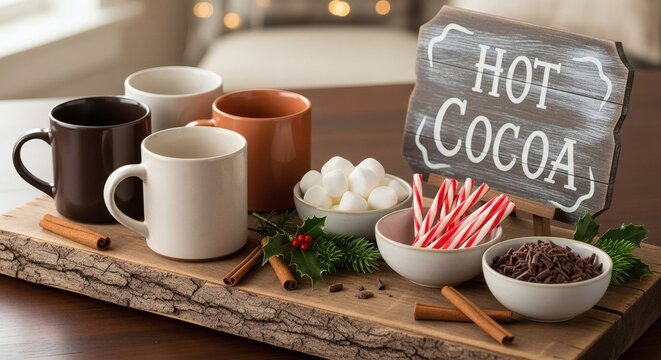 Hot cocoa bar with mugs, marshmallows, candy canes, and chocolate shavings on a wooden board - Powered by Adobe