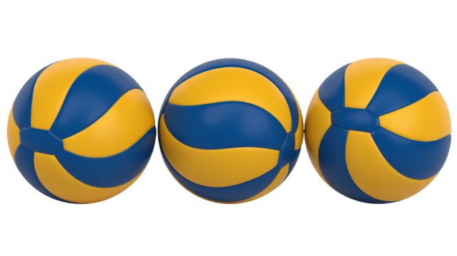 Dynamic volleyballs in classic blue and yellow arrangement ready for action