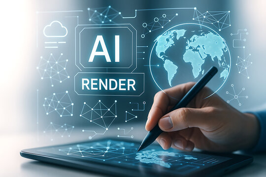 AI render world map with modern data visualization connections and futuristic global network technology on tablet device