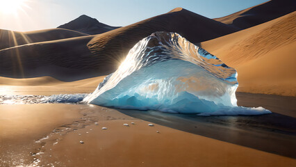 A large chunk of ice in a hot sandy desert at sunset