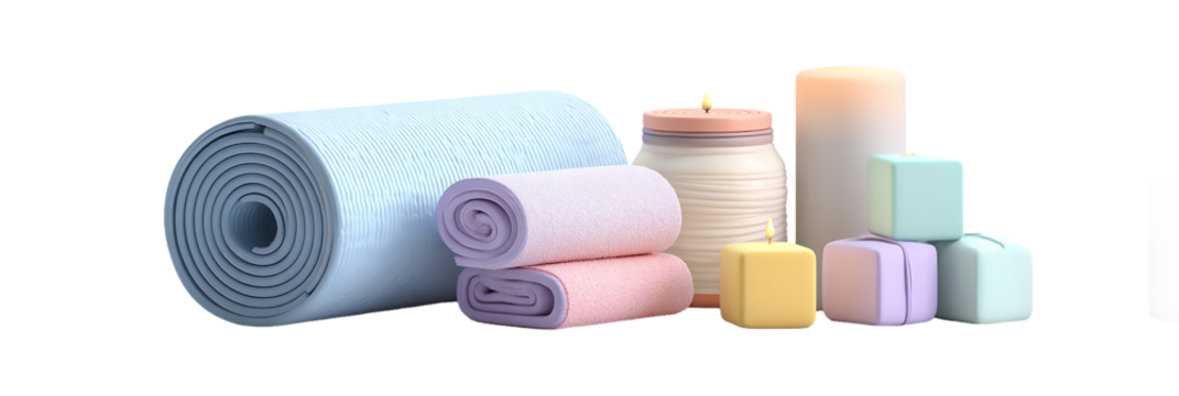 Still life of rolled mat towels jar and pastel colored cube objects isolated on transparent background - Powered by Adobe