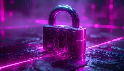 Cyber security concept with a glowing neon padlock on a digital circuit board background