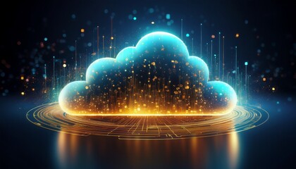 digital cloud computing technology with gold and blue particle effects against a dark background design