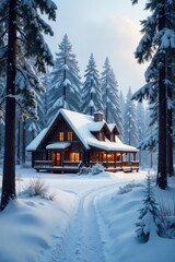 Naklejka premium A rustic hunting lodge nestled deep within a snowy forest, exuding warmth and tranquility Perfect for winter getaways and outdoor adventures , adventure, mountains