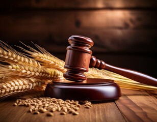 a wooden judges gavel resting on wheat ears against a rustic backdrop symbolizing agricultural law and food regulations