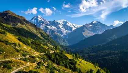 Fototapeta premium Panoramic view of a mountain range with a winding road alongside verdant slopes