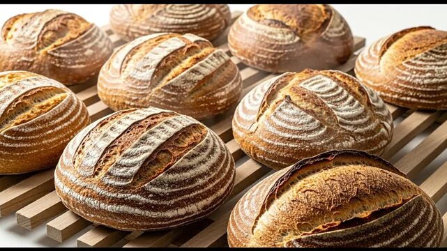 Freshly baked sourdough boules on rack