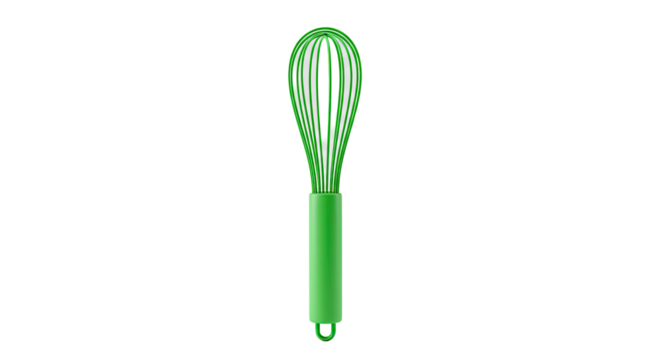 A bright green kitchen whisk with a smooth handle and wire loops.