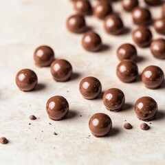 Close-up of glossy milk chocolate balls scattered on a textured background