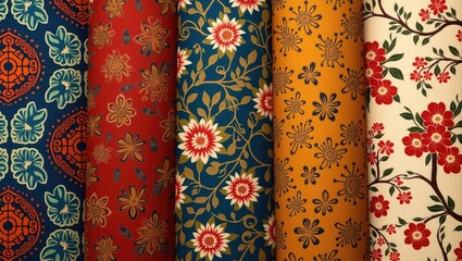 Assortment of vibrant textile rolls showcases a collection of floral and patterned designs in various rich colors.