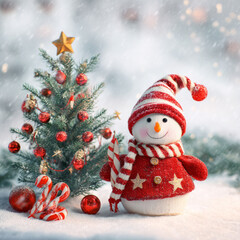 Cute Snowman in Red Outfit Next to Christmas Tree with Red and Gold Decorations and Candy Canes