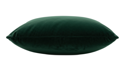 A plush dark green velvet throw pillow isolated on white.