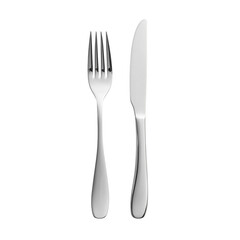 Polished metal fork and knife set against black background isolated on a transparent background cutlery