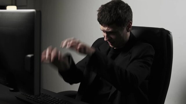 Close up of stressed man aggressively hitting computer keyboard in office anger burnout frustration.