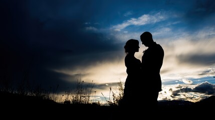 Bride and groom silhouetted against a sunset, capturing a romantic wedding moment.