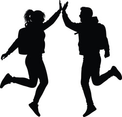 Silhouette of a man and woman high-fiving while jumping, silhouette, man, woman, jumping, high five, celebration, success, happiness, joy, energy, movement, freedom, teamwork, partnership, friendship,