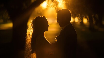 Bride and groom silhouetted against a sunset, capturing a romantic wedding moment.