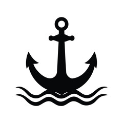 Black silhouette of an anchor in the water with three waves, anchor on ocean waves silhouette vector illustration