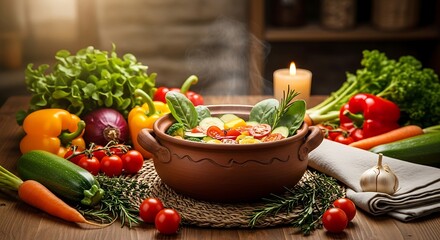 Hearty and healthy vegetable stew with candlelight and fresh ingredients.